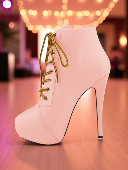 Leather Ankle Beige Platform Faux Women's - Boots Lace-Up