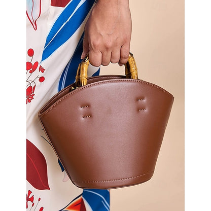 Bucket Bag Bamboo Handle Leather Brown Women's with