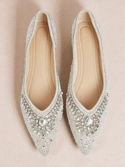 Women's Pointed Toe Silver Crystal Glitter with Flats