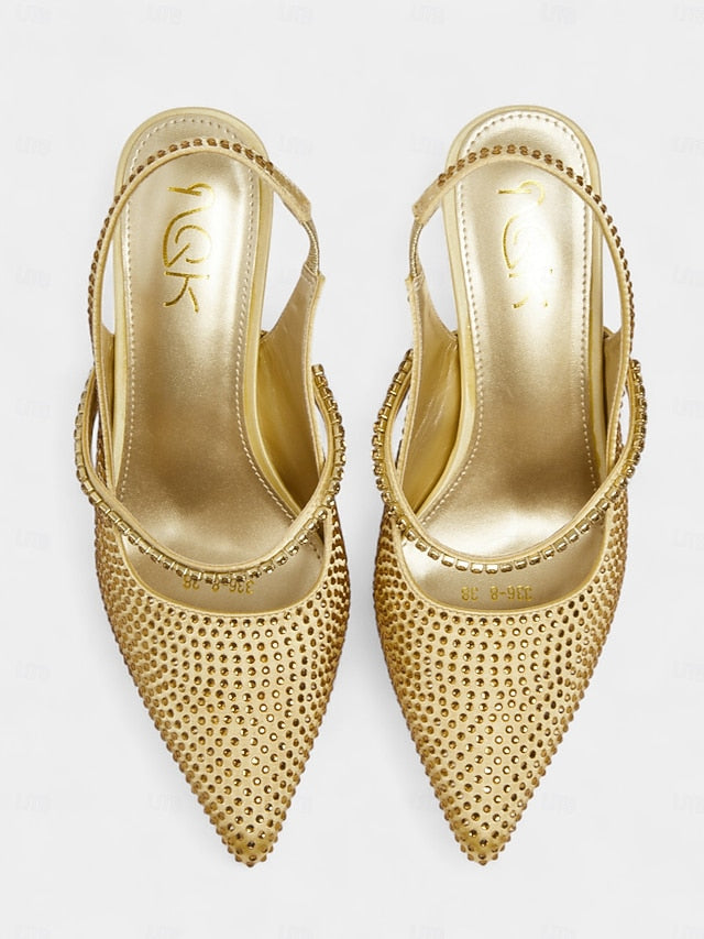 Sparkly Toe - Gold Rhinestone Pointed Heels Women's