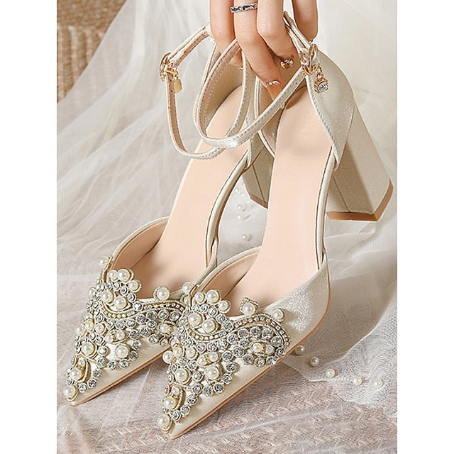 Embellished Rhinestone Block Pearl Women's Heel and Wedding