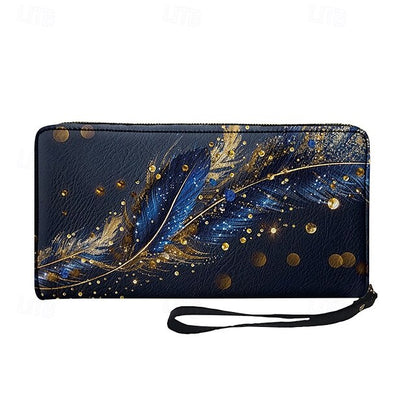 Women's with Gilded Large Capacity Wallet Feather Print