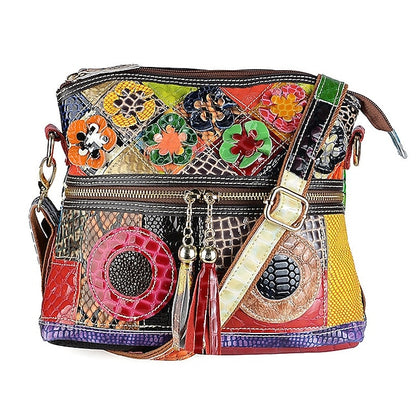 Women's Leather Shoulder Bohemian Colorful Patchwork - Bag