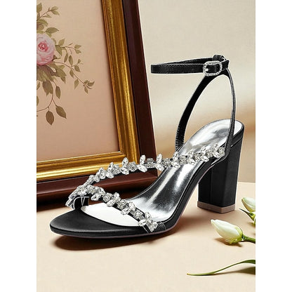 Heel Sandals Block Straps Women's - Rhinestone White with