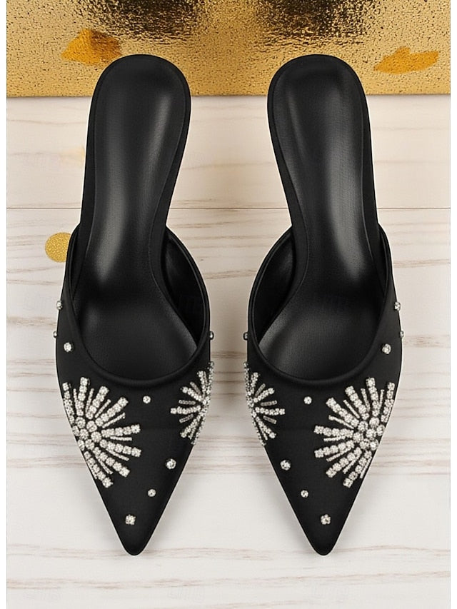 Satin Pointed Black Mules Rhinestone Women's with Toe
