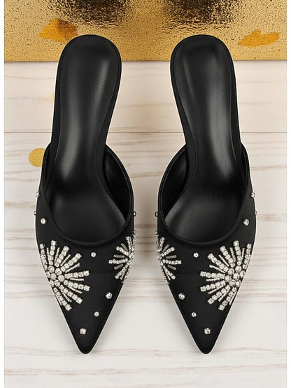 Satin Pointed Black Mules Rhinestone Women's with Toe
