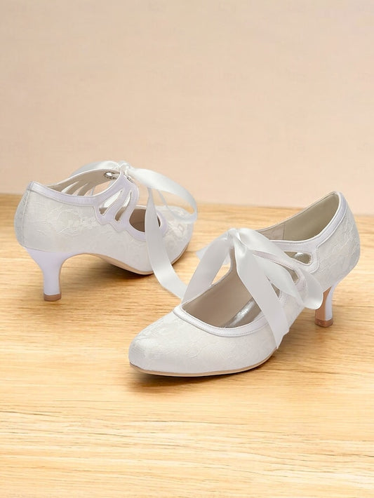 Ribbon Satin Pumps Lace with Elegant Bridal White - Vintage Ties