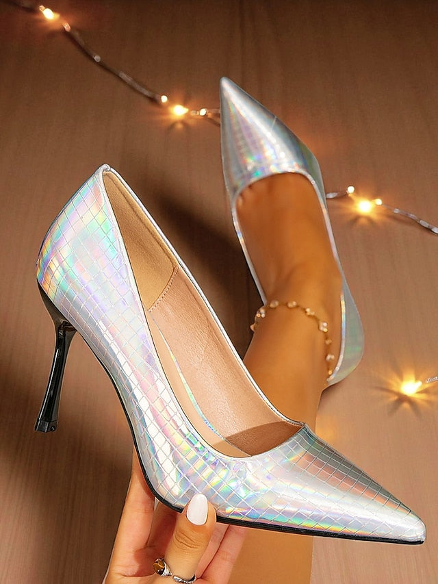 Women's Holographic Heels Glossy Toe Stiletto Pointed with