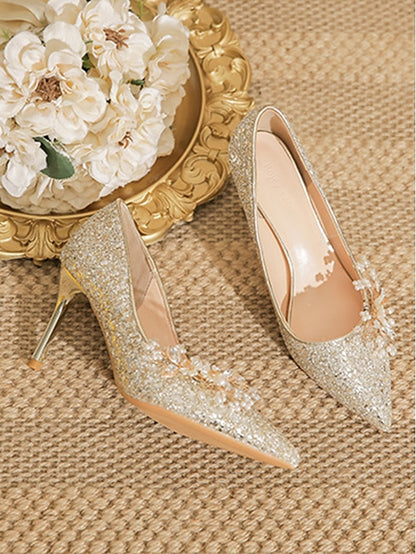 Glitter Silver Heels Stiletto Floral with Women's