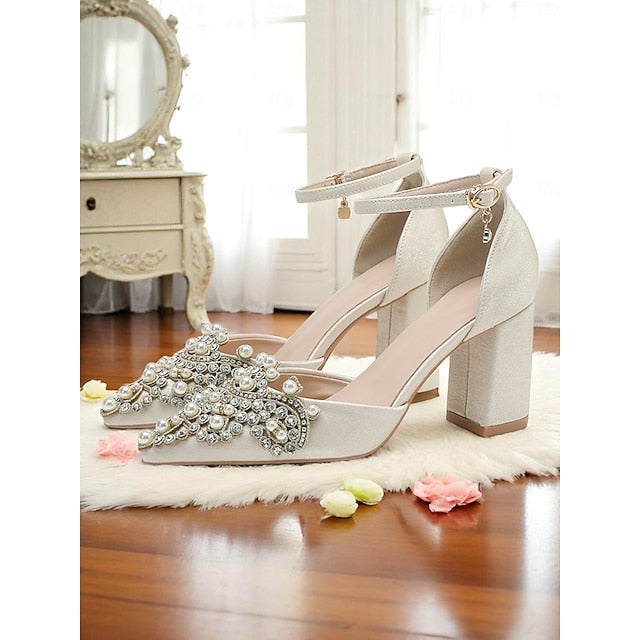 Rhinestone Block Heel Women's Pearl and Embellished Wedding