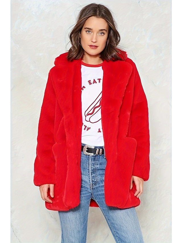 Women's Comfortable Knitting Coat Faux Fur Warm Pocket