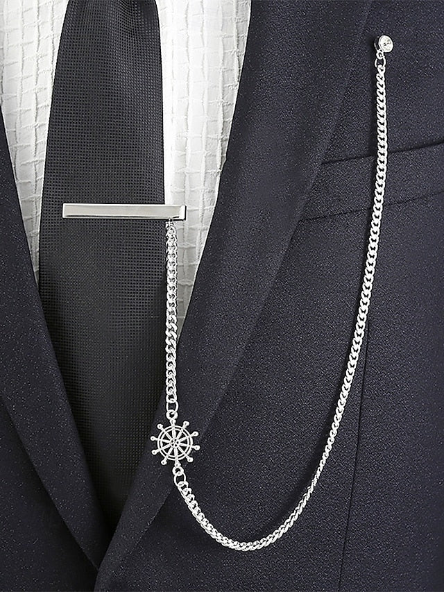 Nautical with – Ship Wheel Chain Design Silver Men's Tie