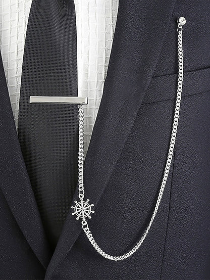 Nautical with – Ship Wheel Chain Design Silver Men's Tie
