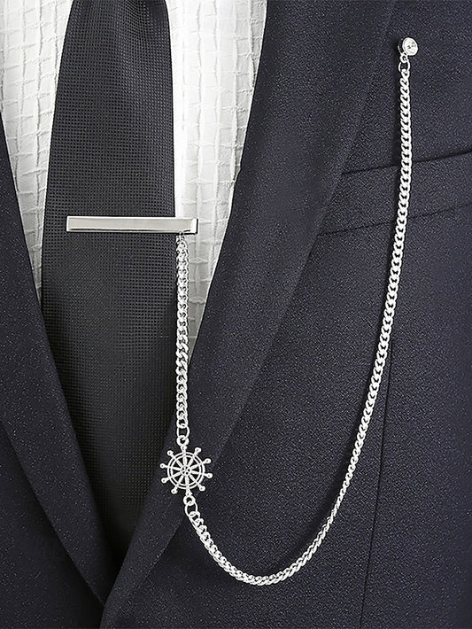 Nautical with – Ship Wheel Chain Design Silver Men's Tie