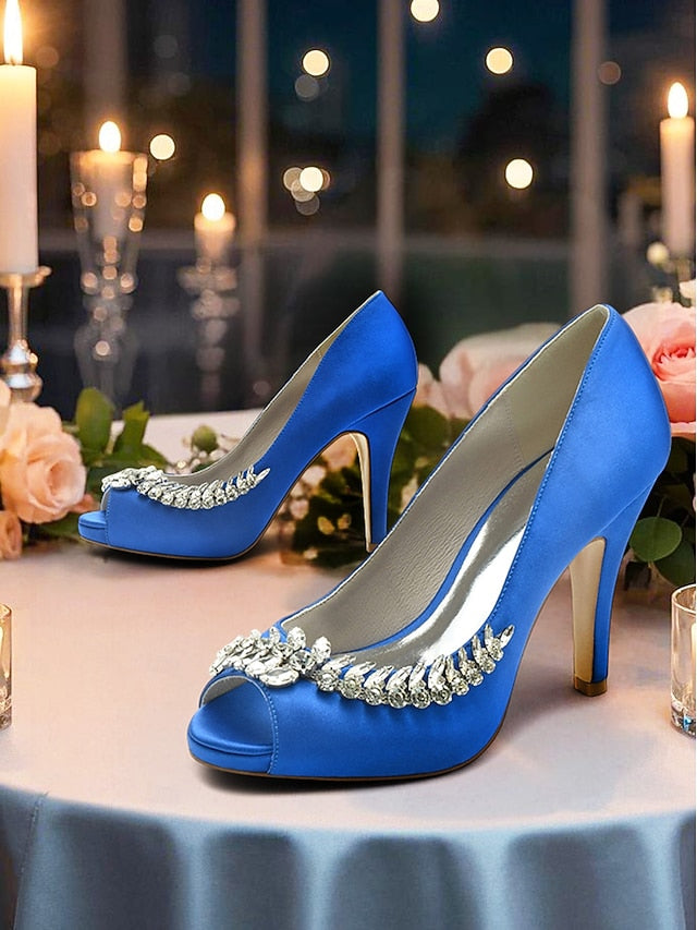 with – Peep-Toe Crystal Embellishment Heels Blue Satin Luxury