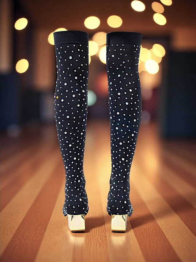 with Black Women's Boots Rhinestone Over-the-Knee Pointed