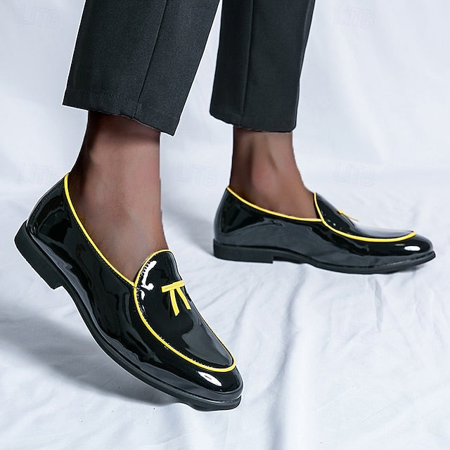 Leather Loafers Men's with Trim Yellow Patent Black Faux