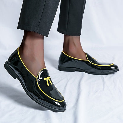 Leather Loafers Men's with Trim Yellow Patent Black Faux
