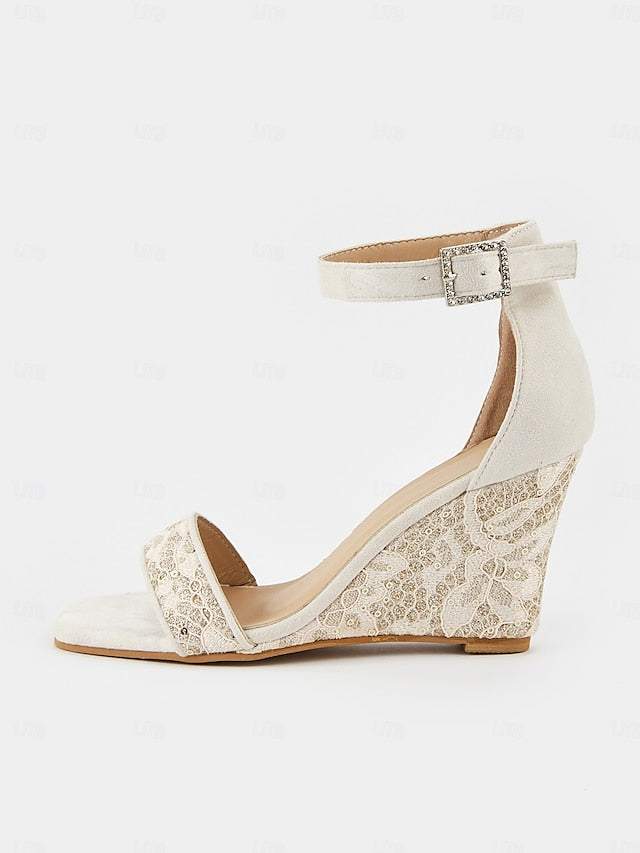 Strap for White Lace Women Stylish Wedge Heel Ankle Sandals –