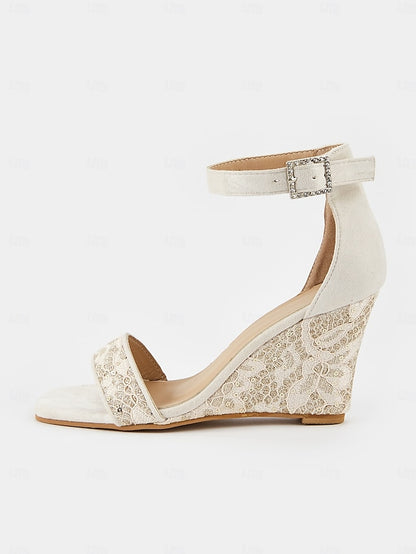 Strap for White Lace Women Stylish Wedge Heel Ankle Sandals –