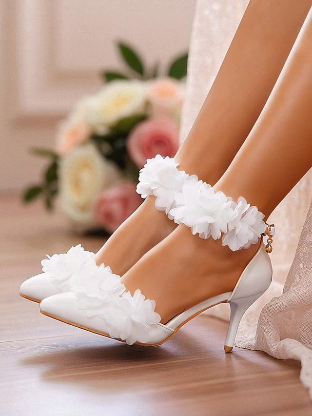 Ankle Women's Heels - Strap Pointed Floral White Elegant