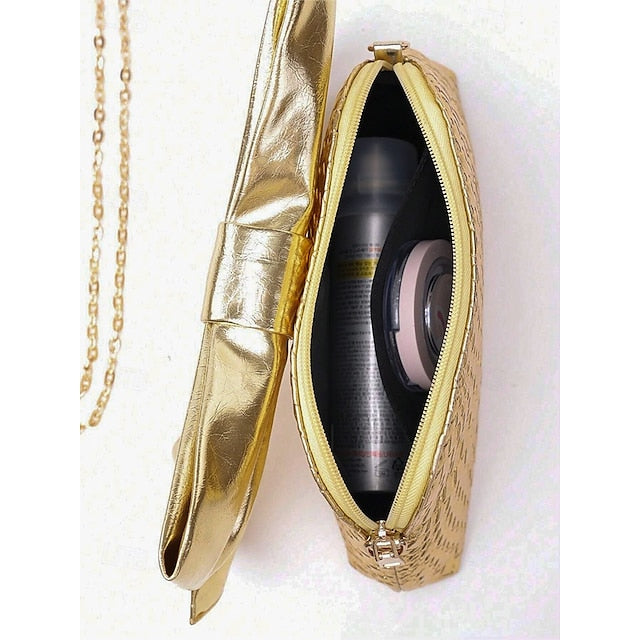 Oversized Faux Leather Bag Women's Clutch Bow with Gold