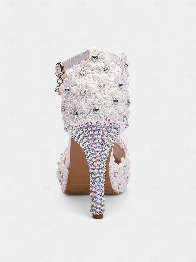 - Floral White Lace T-Strap Sandals Pearl-Decorated Bridal