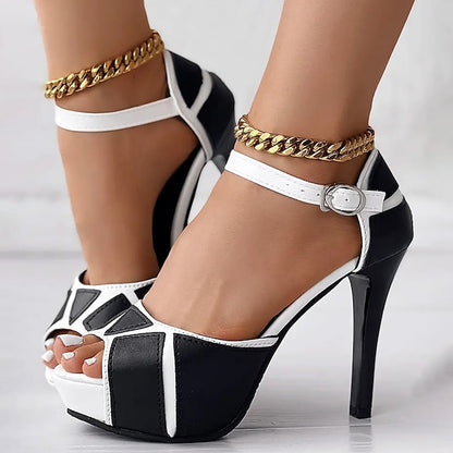 Sandals Platform Women's Black with White Stiletto and