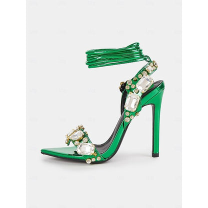 Green Stiletto Women's Heels Metallic Lace-Up with