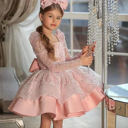 3D Fall Long Sequin Girls' Dress Summer Spring Sleeve
