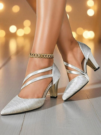 Women's - Pointed Toe Silver Mid-Heel Shiny Strappy Heels