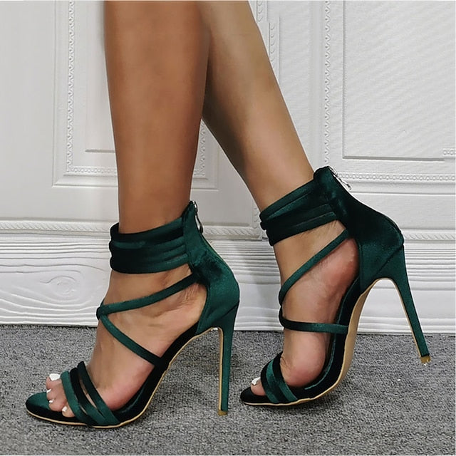 Stiletto Women's Heel – Green Strappy Satin Sandals
