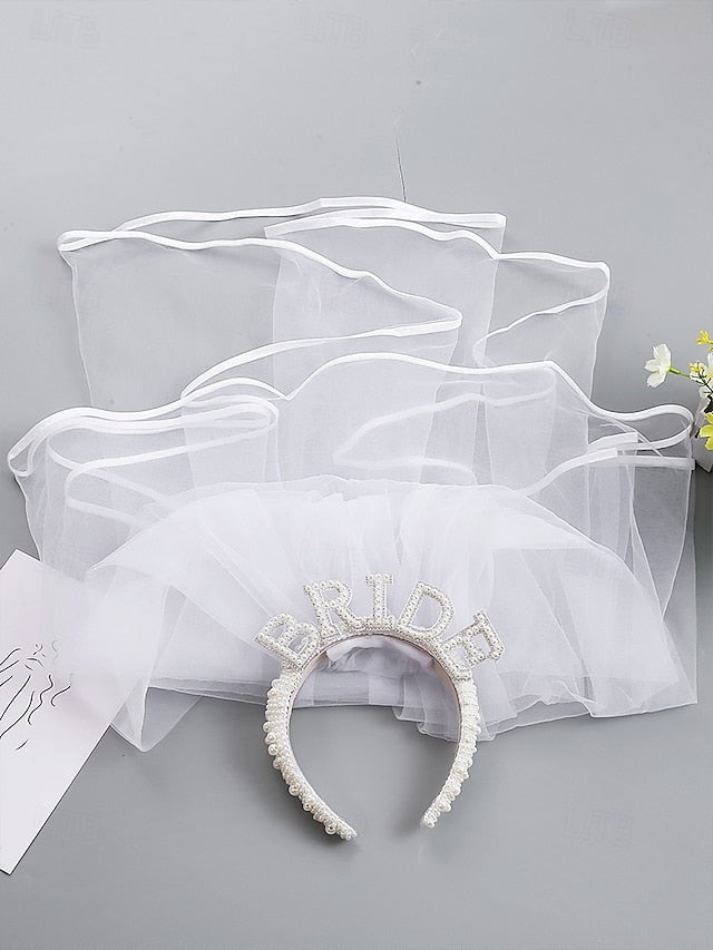 with Veil Pearl-Embellished Headband 'BRIDE' –