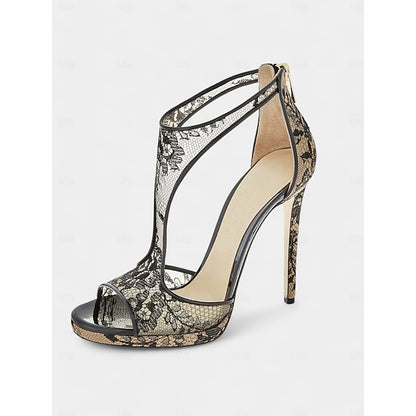 Mesh Design Heels Stiletto for with Peep-Toe Lace Black