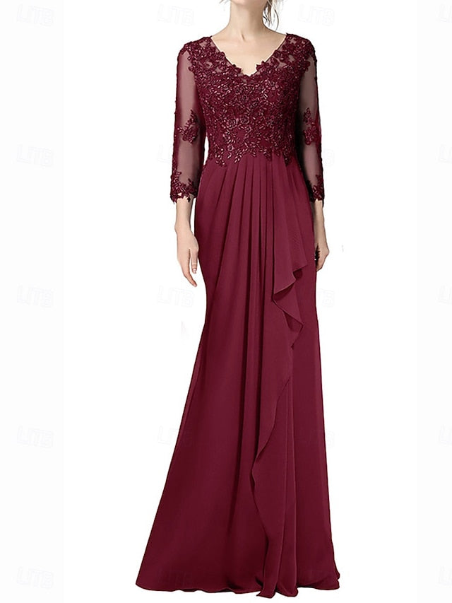 Neck Dress Floor Elegant of Bride Mother V Length the A-Line