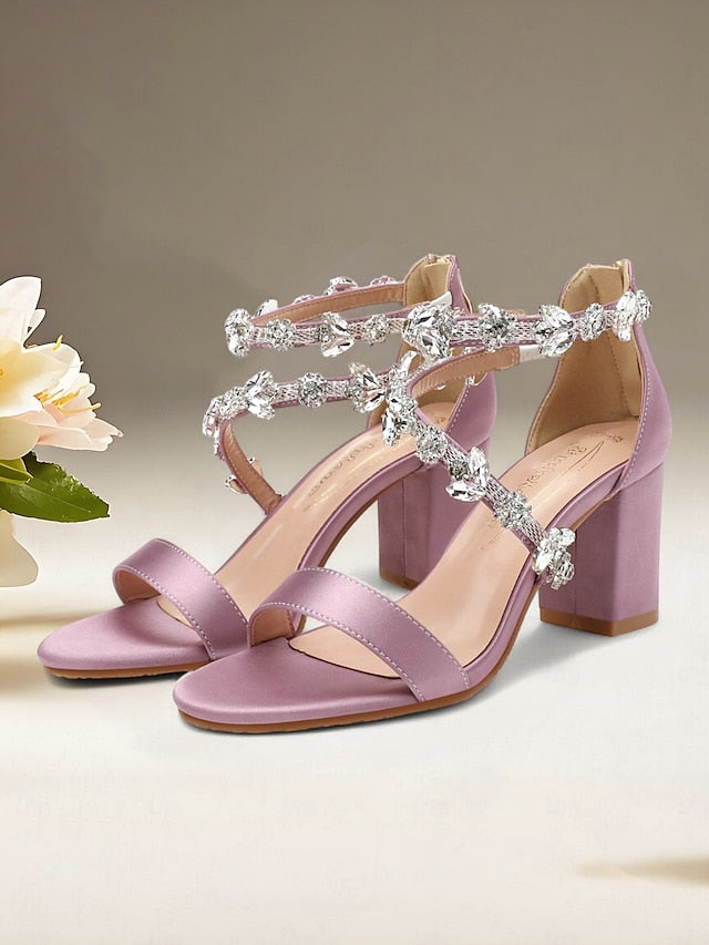 Satin Heel Sandals Block Pink Straps Women's with Crystal