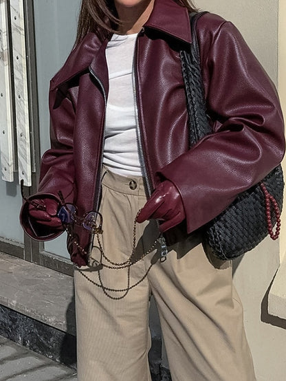 Warm Jacket Zipper Women's Comfortable Faux Pocket Leather