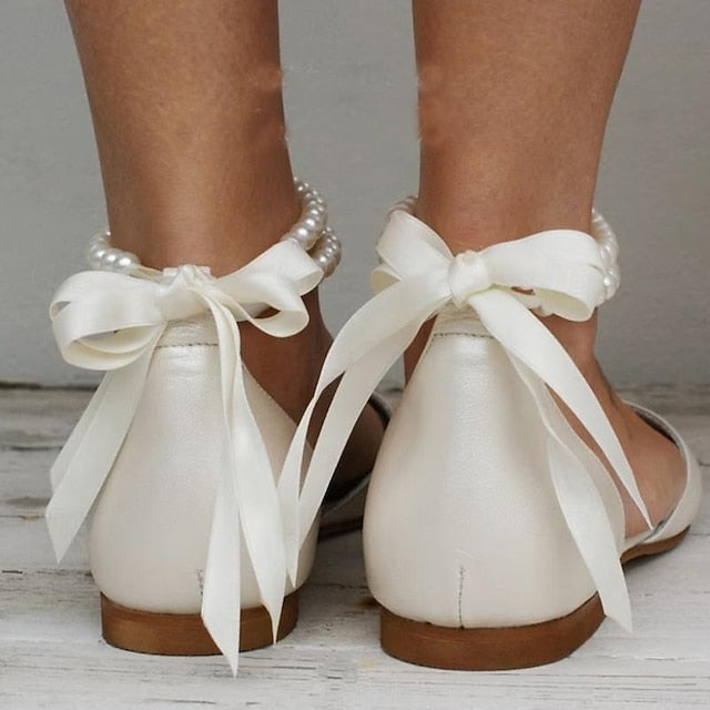 Women's Strap White – Bridal Pearl Flats Ankle Elegant
