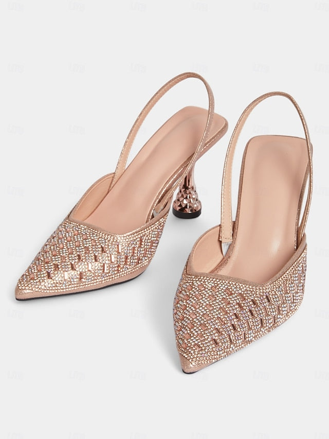 Heels Rhinestone Gold with Rose Women's Slingback Geometric
