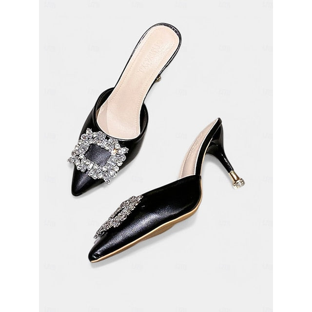 Toe Blue Mules Buckle Women's Light Crystal Pointed with