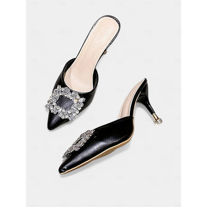 Toe Blue Mules Buckle Women's Light Crystal Pointed with