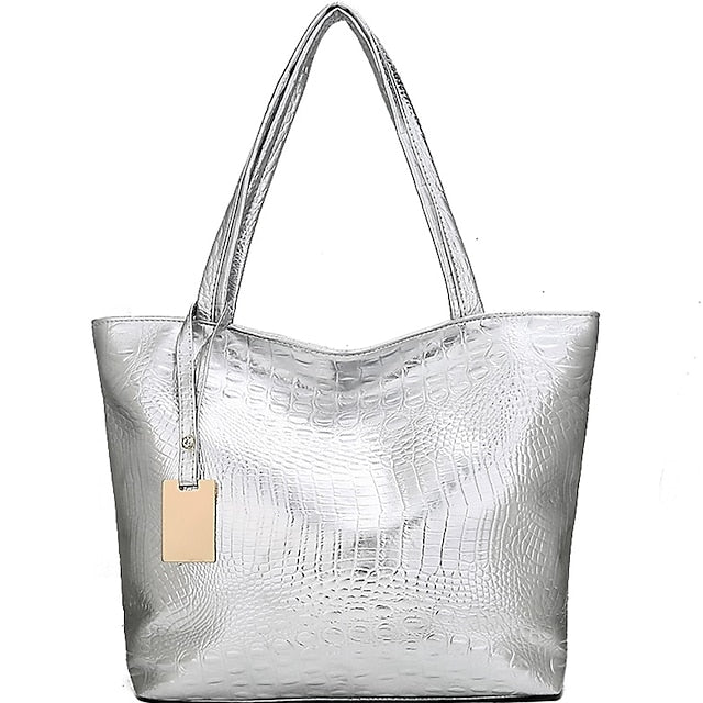 Bag Faux Large Tote Embossed Women's Croc Silver | Capacity