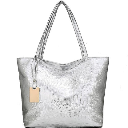 Bag Faux Large Tote Embossed Women's Croc Silver | Capacity