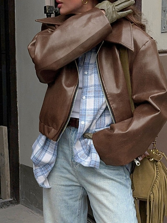 Comfortable Pocket Leather Women's Warm Faux Jacket Zipper