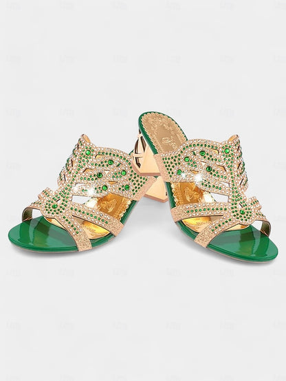 Heeled Embellished and Rhinestone - Green Sandals Gold