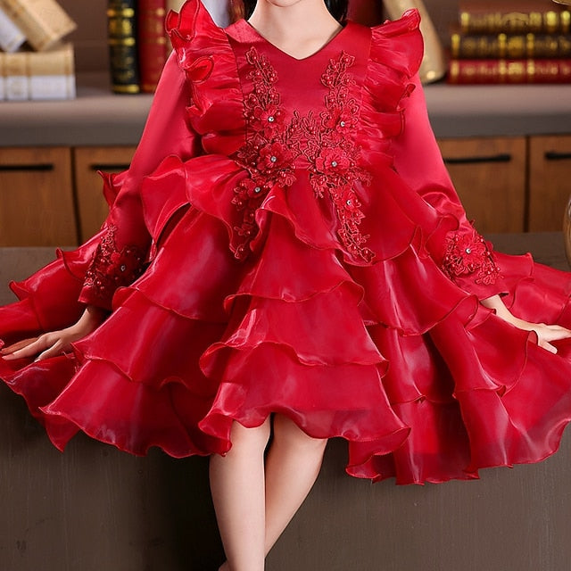 Girls' Dress Party Flower Wedding Special Sleeve Kids Long