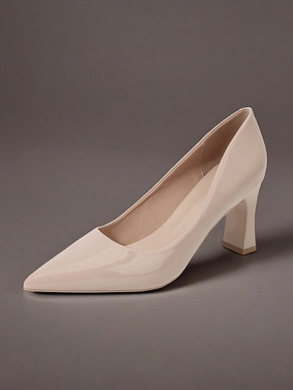 Heel Green Leather Faux Glossy Patent Pumps Pointed-Toe Block