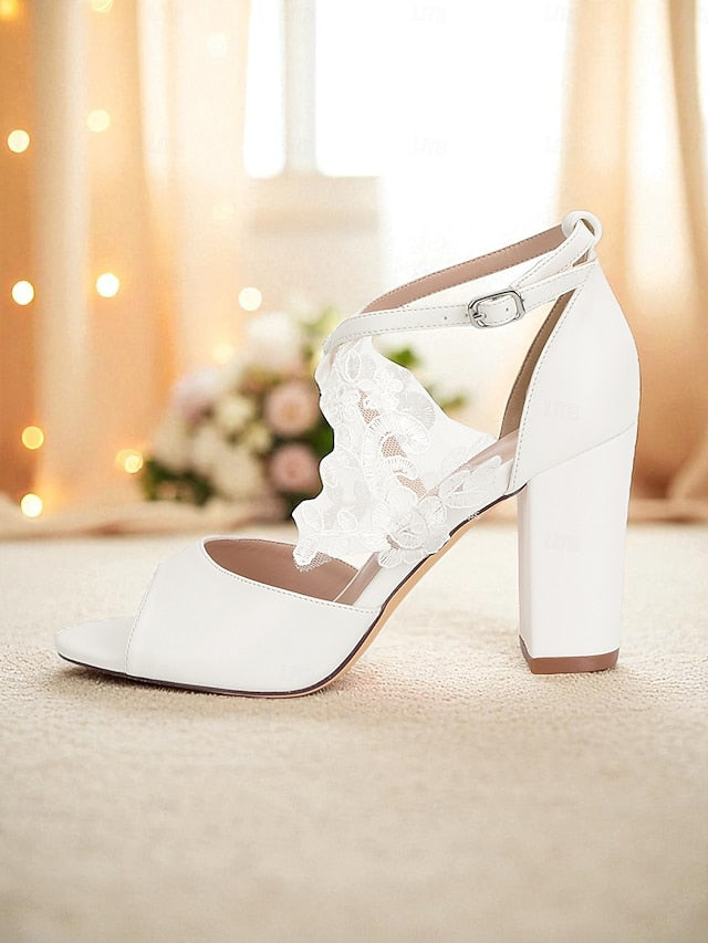 Sandals Heel Women's Ankle White - Strap Block with Lace