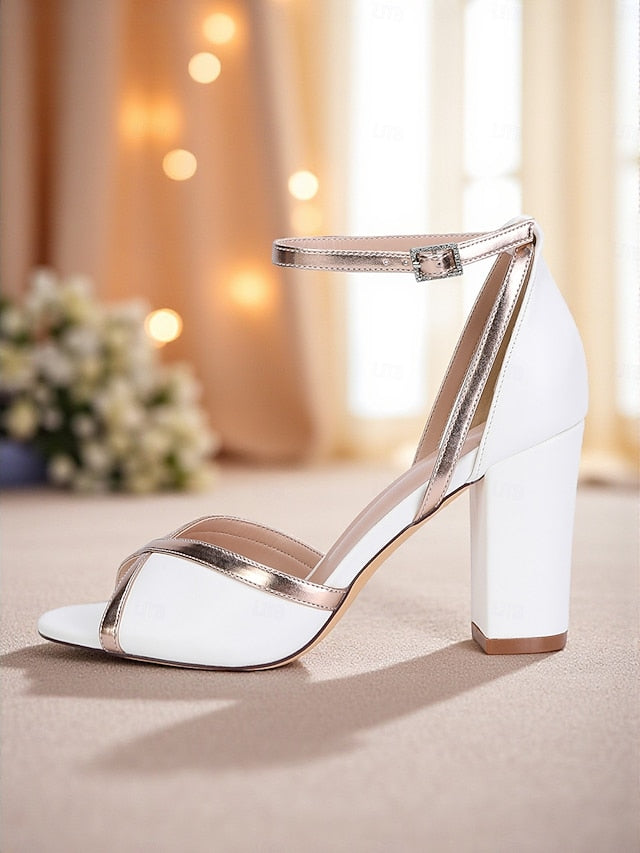 with Strap Ankle Metallic Women's Block White Sandals Heel