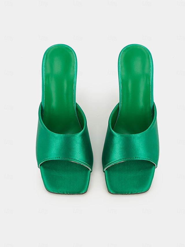 Open-Toe Heels Block with Mules Green Satin for Transparent